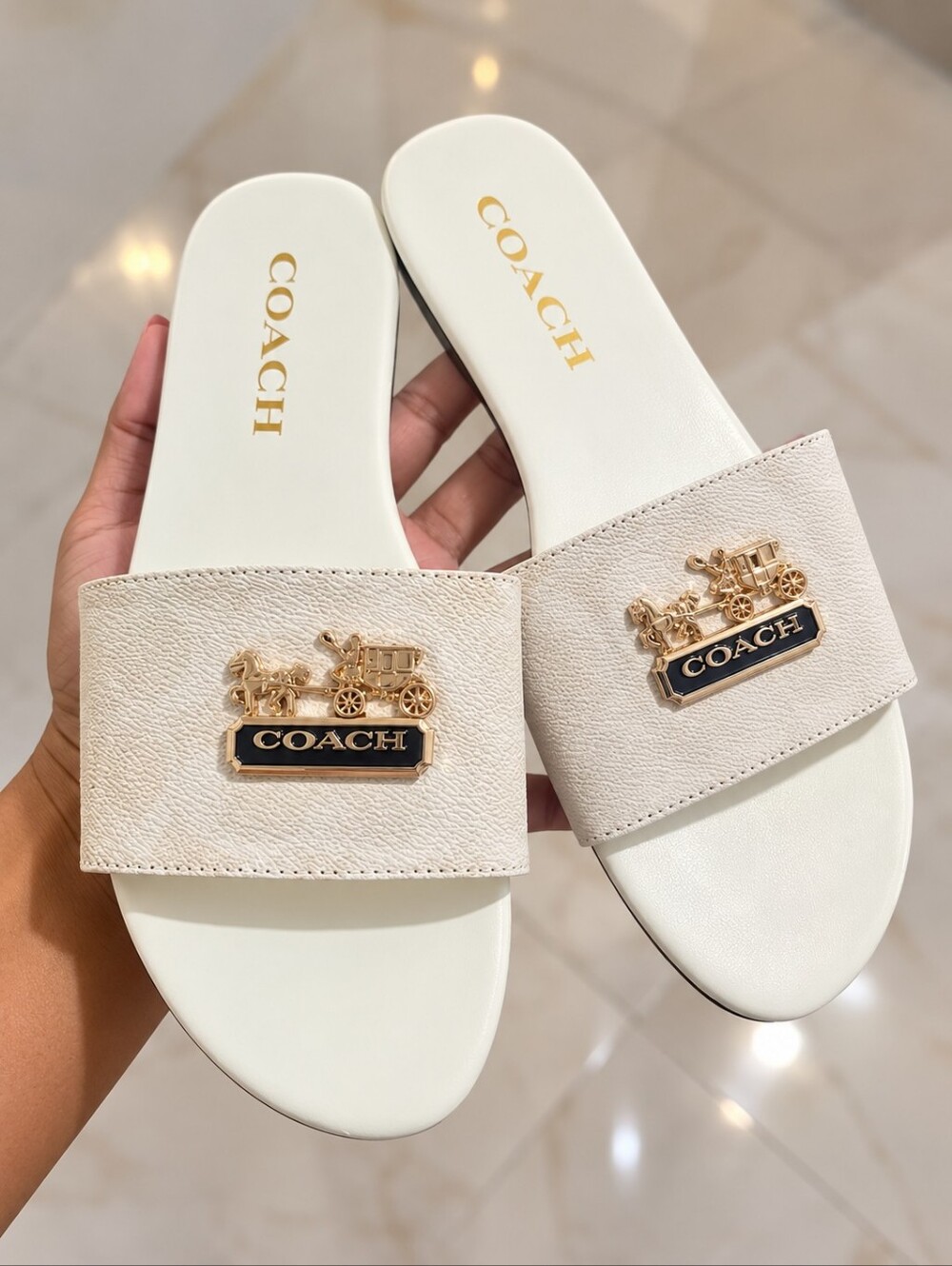 COACH Women's Ivory Slide Sandals with Signature Logo